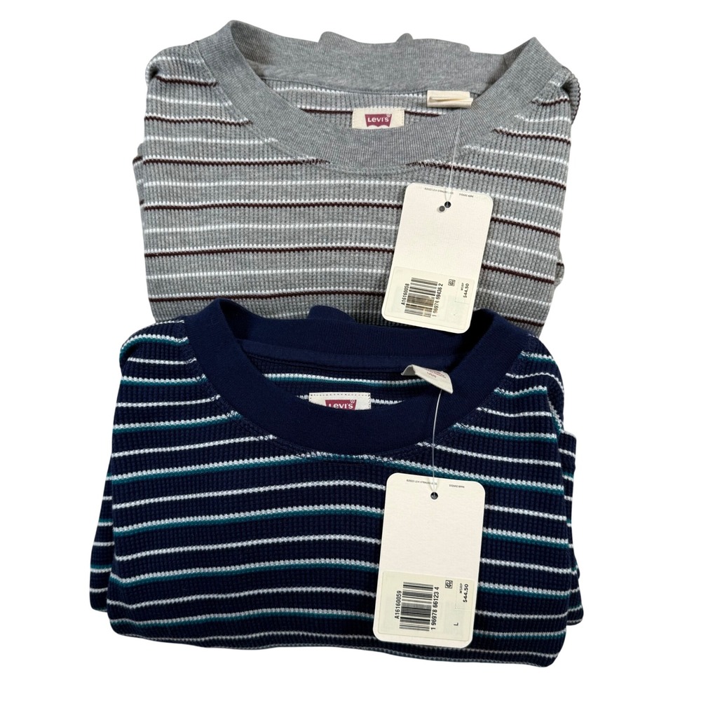 NEW Levi's Thermal Lot of 2 Shirts Mens Large Grey Navy Blue Striped Waffle Knit